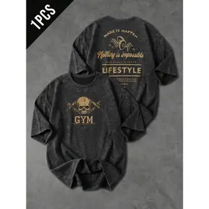 Sport MetroGents 1pc Men's Skull Slogan Print Washed Dropped Shoulder Loose Fit Sports T-Shirt