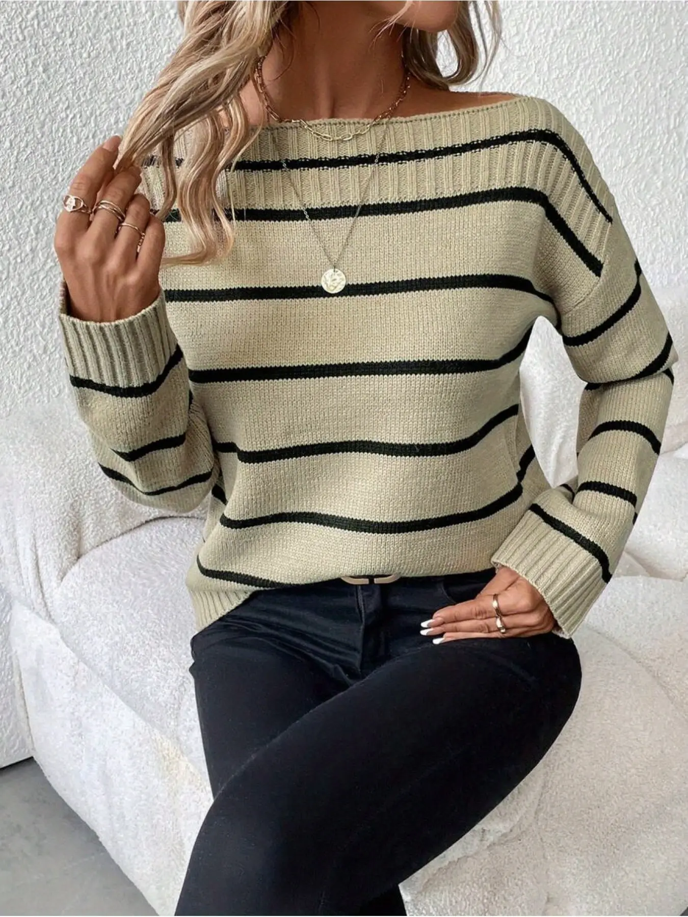 1PC Women's Off Shoulder Striped Knit Sweater, Drop Shoulder Loose Long Sleeve Pullover, Beige Black Stripe Soft Knit Top for Fall Daily Streetwear
