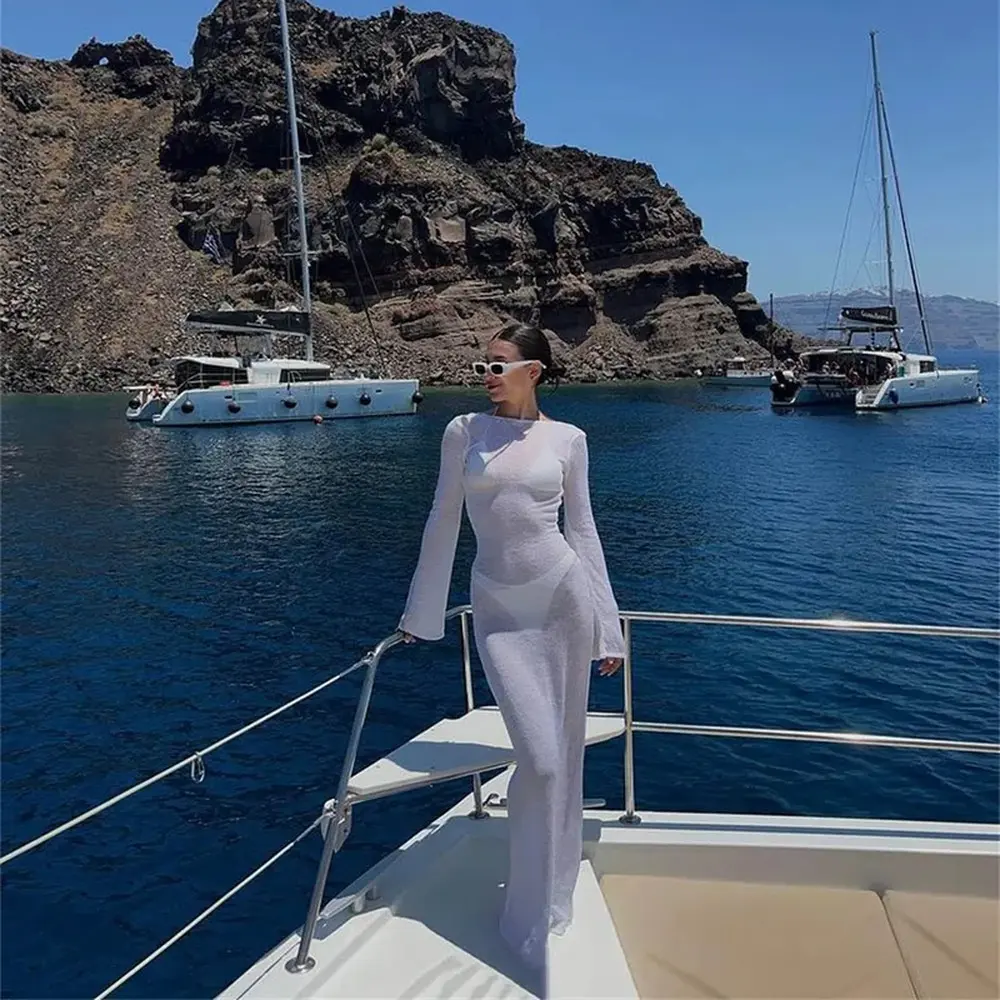 Women's Solid Wrap Long Sleeve Dress, Round Neck Sheer Sunscreen Backless Beach Summer Cover Up