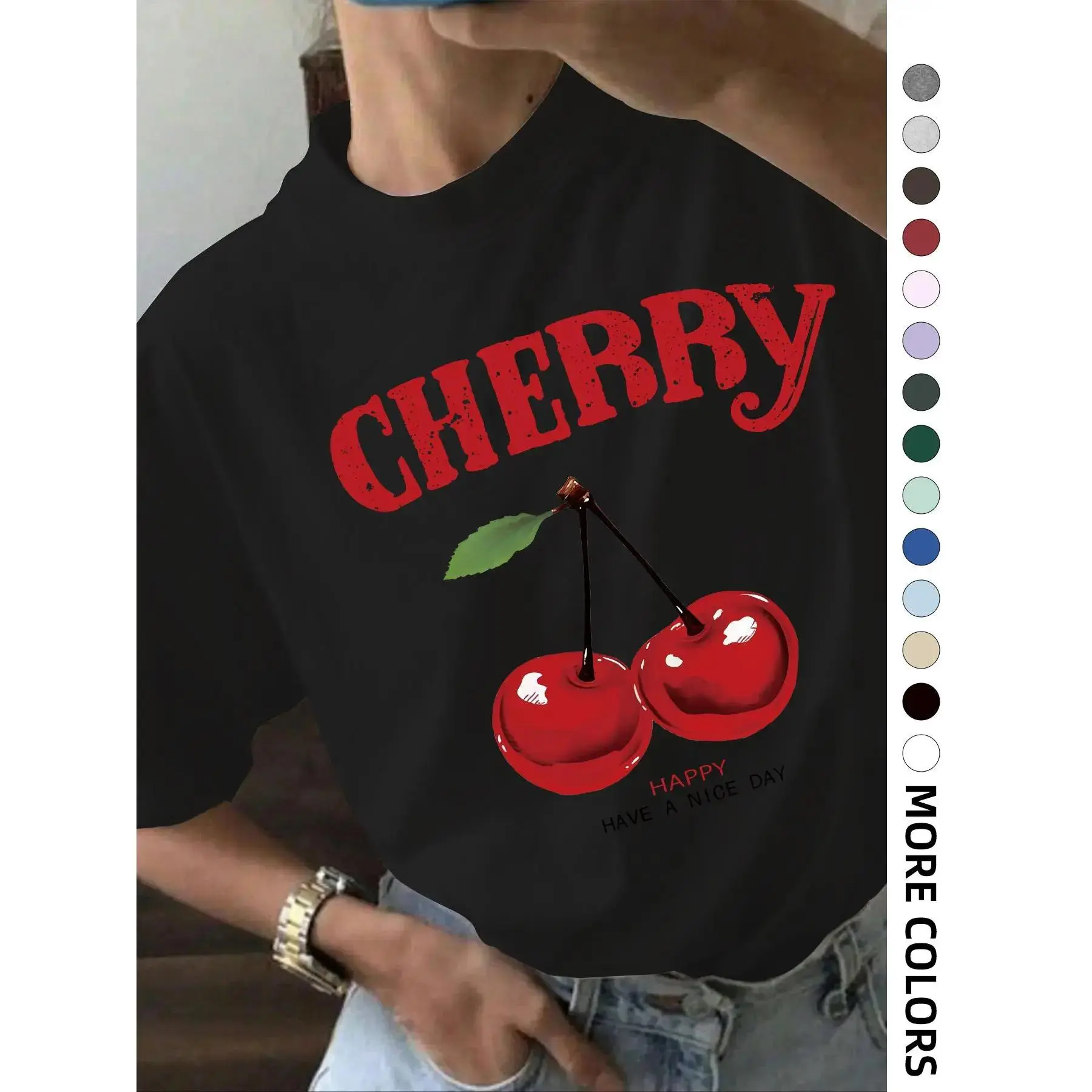 Women's Cherry & Letter Print Drop Shoulder Tee, Trendy Casual Streetwear Short Sleeve Round Neck T-Shirt, Ladies Clothes for Daily Wear, Womenswear,Muppet