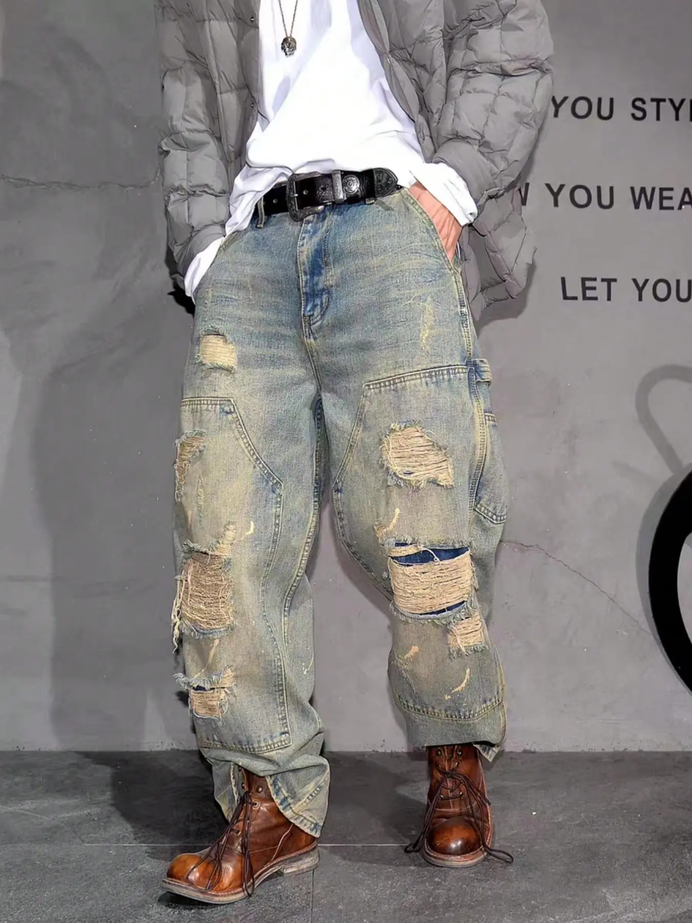 American Vintage Washed Denim Jeans, Heavy Distressed Holes, Ripped, Multiple Pockets, Wide Leg Workwear Pants, Casual Men's Clothing