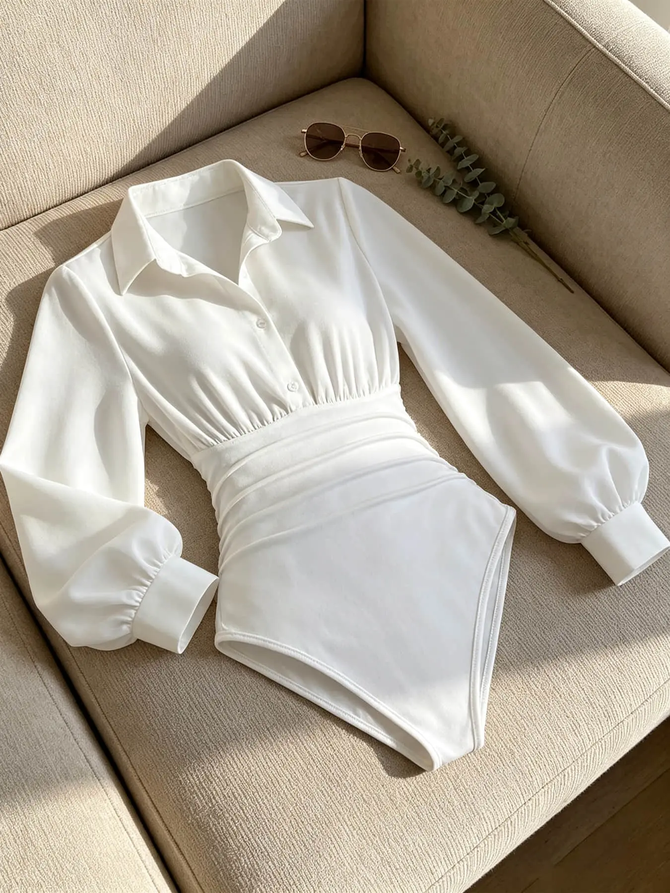 A fashionable women's collared bubble long sleeved jumpsuit with a waist cinching design and slim fit, suitable for indoor and outdoor commuting