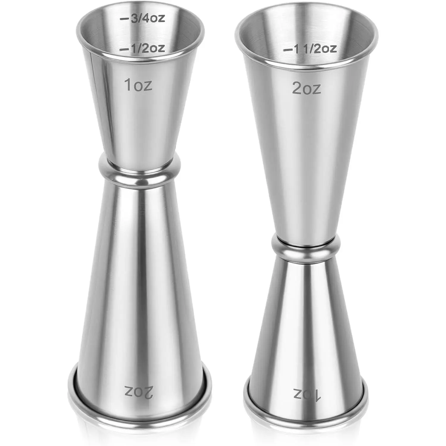 2 Pack Bartending Jiggers, 1oz 2oz Double Sided Cocktail Measuring Cup, Silver Stainless Steel Bar Shot Measure with Internal Markings, Bartending Supplies