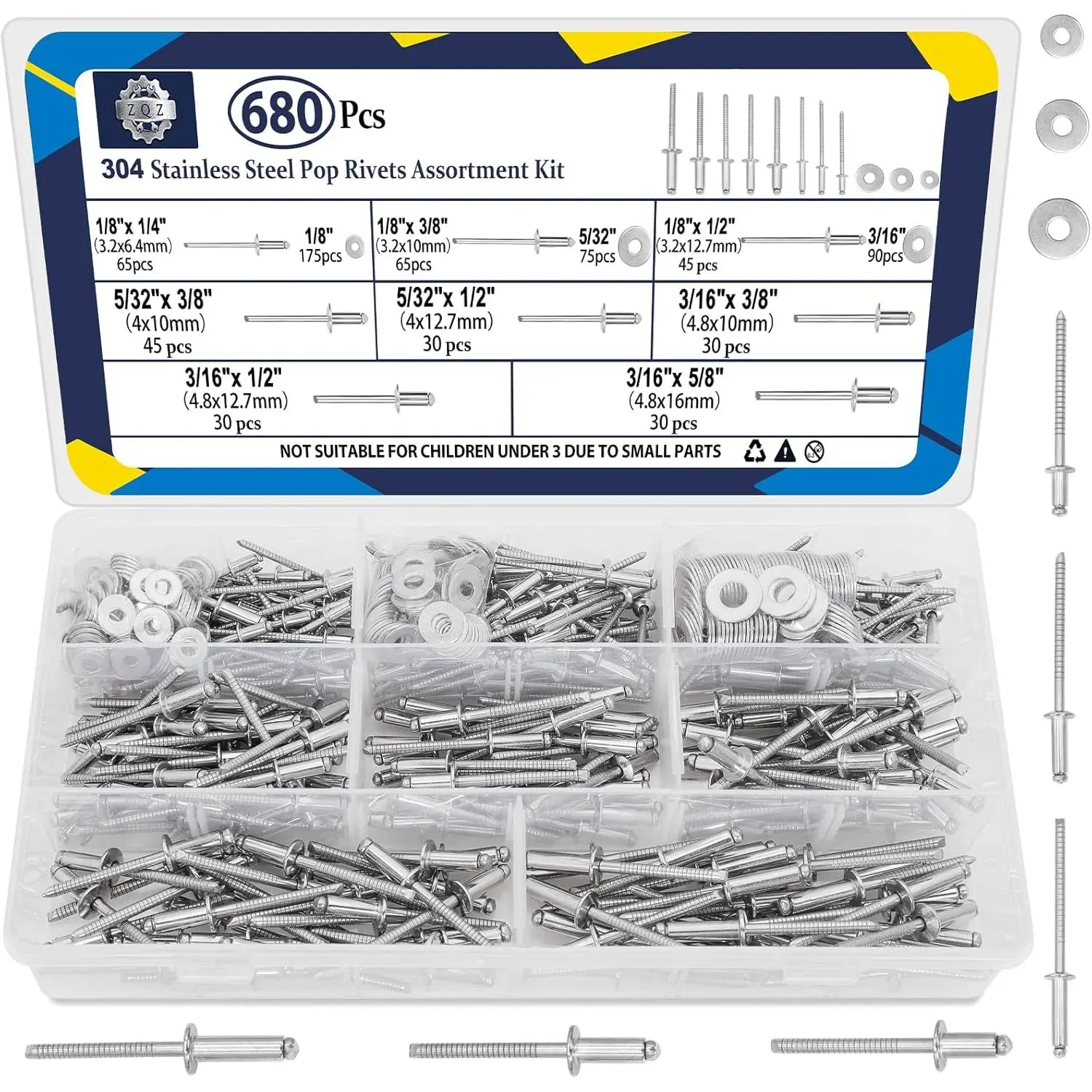 680 count Stainless Steel Pop Rivets, 8 Sizes Stainless Rivets with 1/8" 5/32" 3/16" Blind Rivets and Washers  Kit