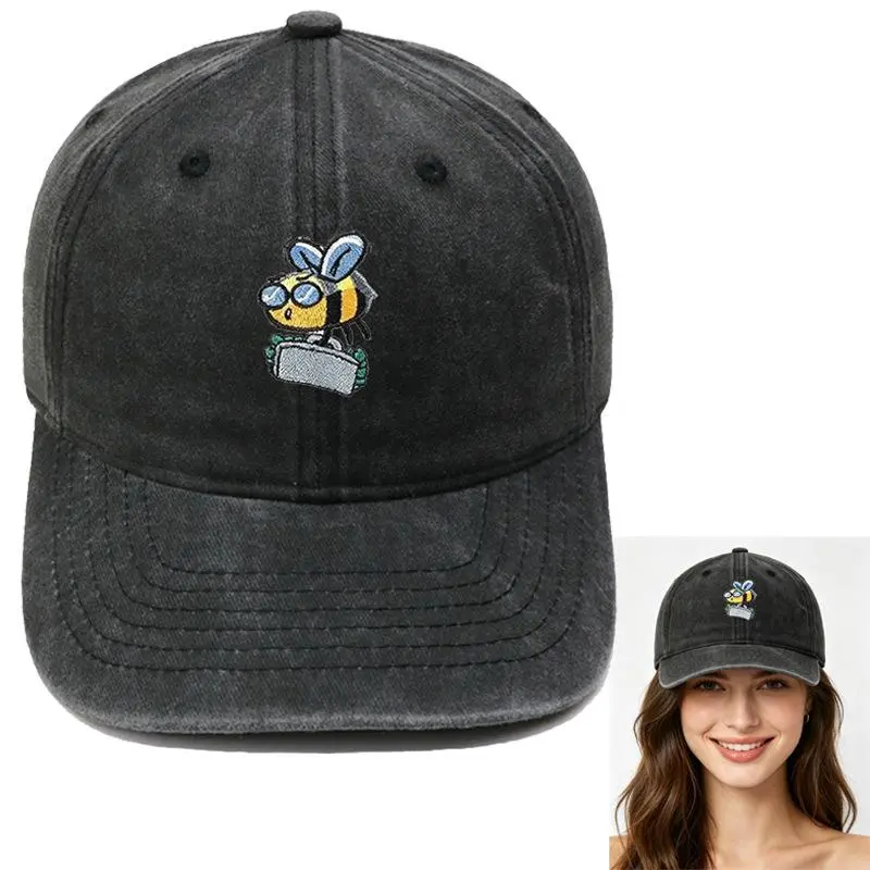 Effortless Glamour Busy Bee Embroidered Baseball Cap Washed Cotton Black Dad Hat Nerd Aesthetic Quirky Streetwear Y2K Viral Adjustable Unisex Sun Protection Hat
