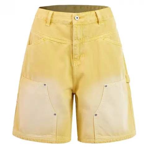 Men's American Vintage Yellow Gradient Washed Cargo 5" Shorts, Multi-Pocket with Tool Loop Rivet Detail, Button Zip Waist Straight Leg, Durable Breathable Streetwear Summer Daily Casual Wear men's cargo shorts# SummerWins# fathersdaygift jean men