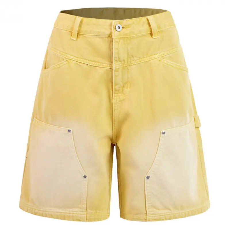 Men's American Vintage Yellow Gradient Washed Cargo 5" Shorts, Multi-Pocket with Tool Loop Rivet Detail, Button Zip Waist Straight Leg, Durable Breathable Streetwear Summer Daily Casual Wear men's cargo shorts # SummerWins # fathersdaygift jean men