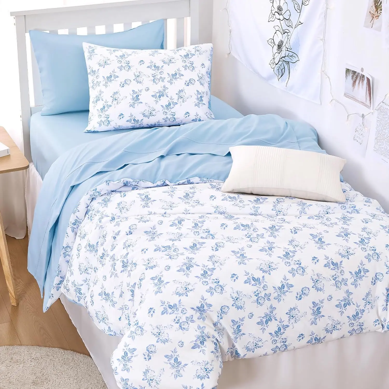 - Cottagecore Comforter Set, Floral Vtage Flower Shabby Chic  Aesthetic for Women Teen Girls, Soft Lightweight Dorm Beddg, 3 count, Light Blue, Tw/Tw XL Size
