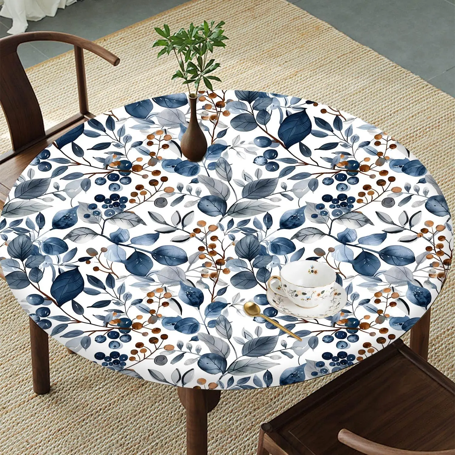 Blue Botanical Round Tablecloth – Fitted Circle Table Cover with Elastic Edge, Waterproof & Washable Polyester Table Cloth for 35" to 42" Indoor/Outdoor Tables