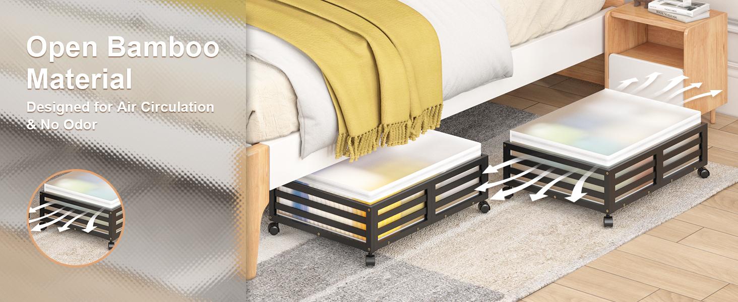 Bed with Wheels-Large Bamboo Underbed Containers with Large Dust Bag Stackable the Bed Shoe Bins for Clothes Books Bedding (2 Packs Black, 23.62"L*16.54"W* 6.51"H)