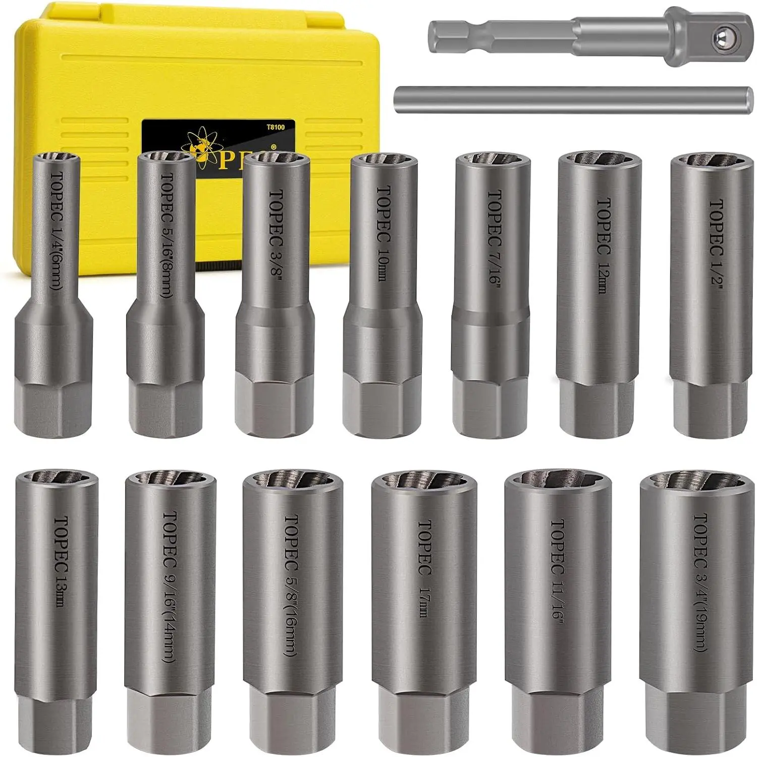 15PCS HSS Steel Multi-Size Deep Bolt Extractor Kit, 6mm-19mm Nut Extractor Socket Set, 3/8-inch Square Drive Super Grip Remover for Broken Bolts, Studs, Nuts, Inches