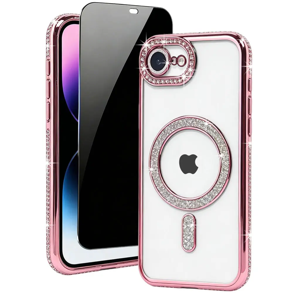 Bling Rhinestone Magnetic for iPhone 16E 17E SE,Diamond Glitter Camera Lens Full Protection Phone Case with Tempered Glass Screen Protector