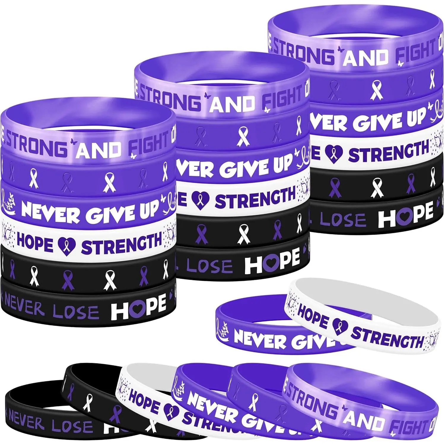 48 Pack 6 Styles  Ribbon Awar eness  Wristbands | Motivational Elastic Rubber Wristbands, Bracelets for DV,Epilepsy,Lupus,Colon Cancer,CP, Prevention