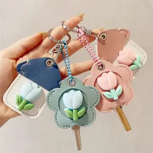 Tulip PU Leather Key And Card Holder, Mini Universal Protective Key Sleeve With Floral Charm For Door And Electric Bike Key Storage