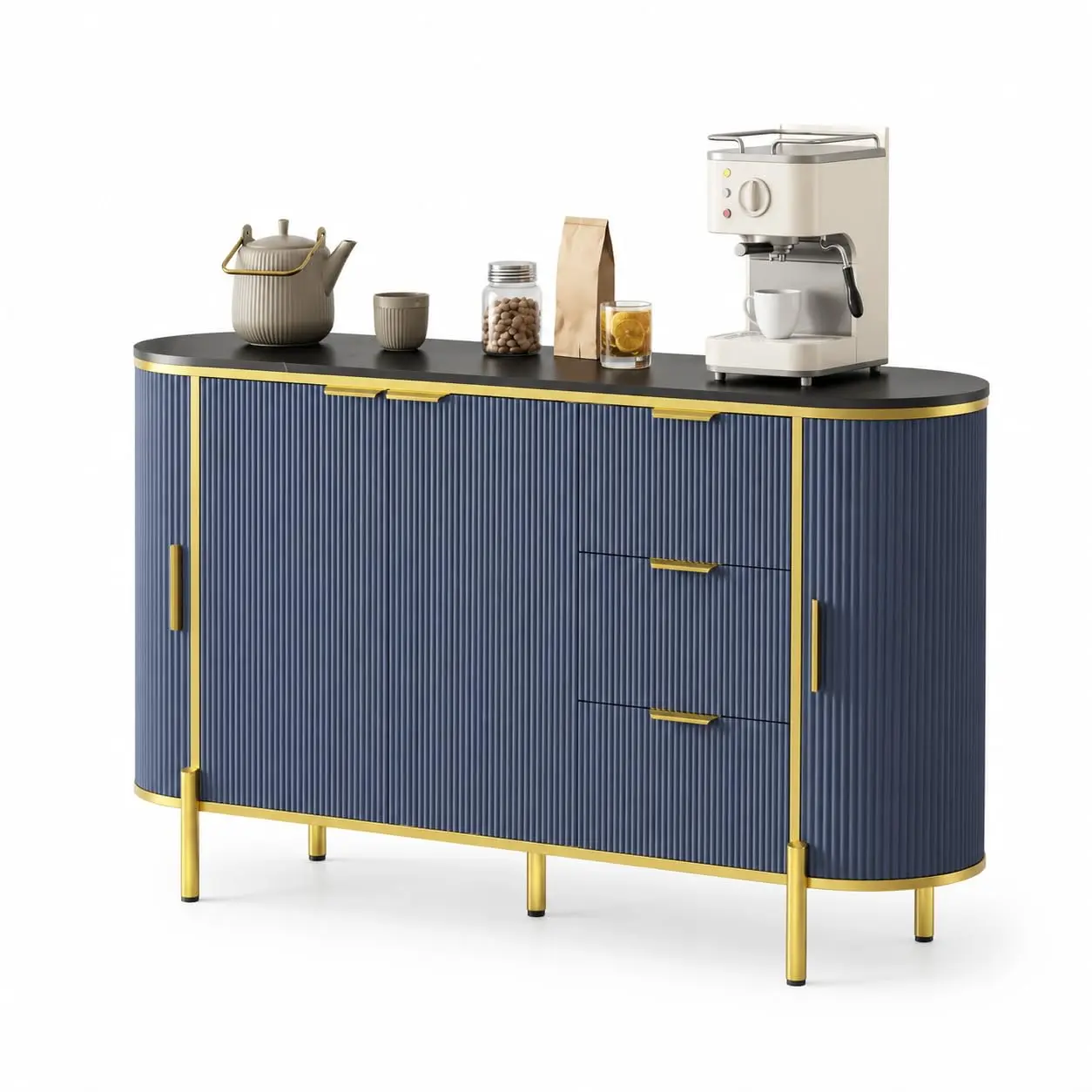 Garvee Modern Ribbed 60-Inch Sideboard Buffet Cabinet, Oval Buffet Table with Curved Profile Sliding Doors, 3 Drawers and Adjustable Shelves, Synthetic Marble Top Coffee Bar