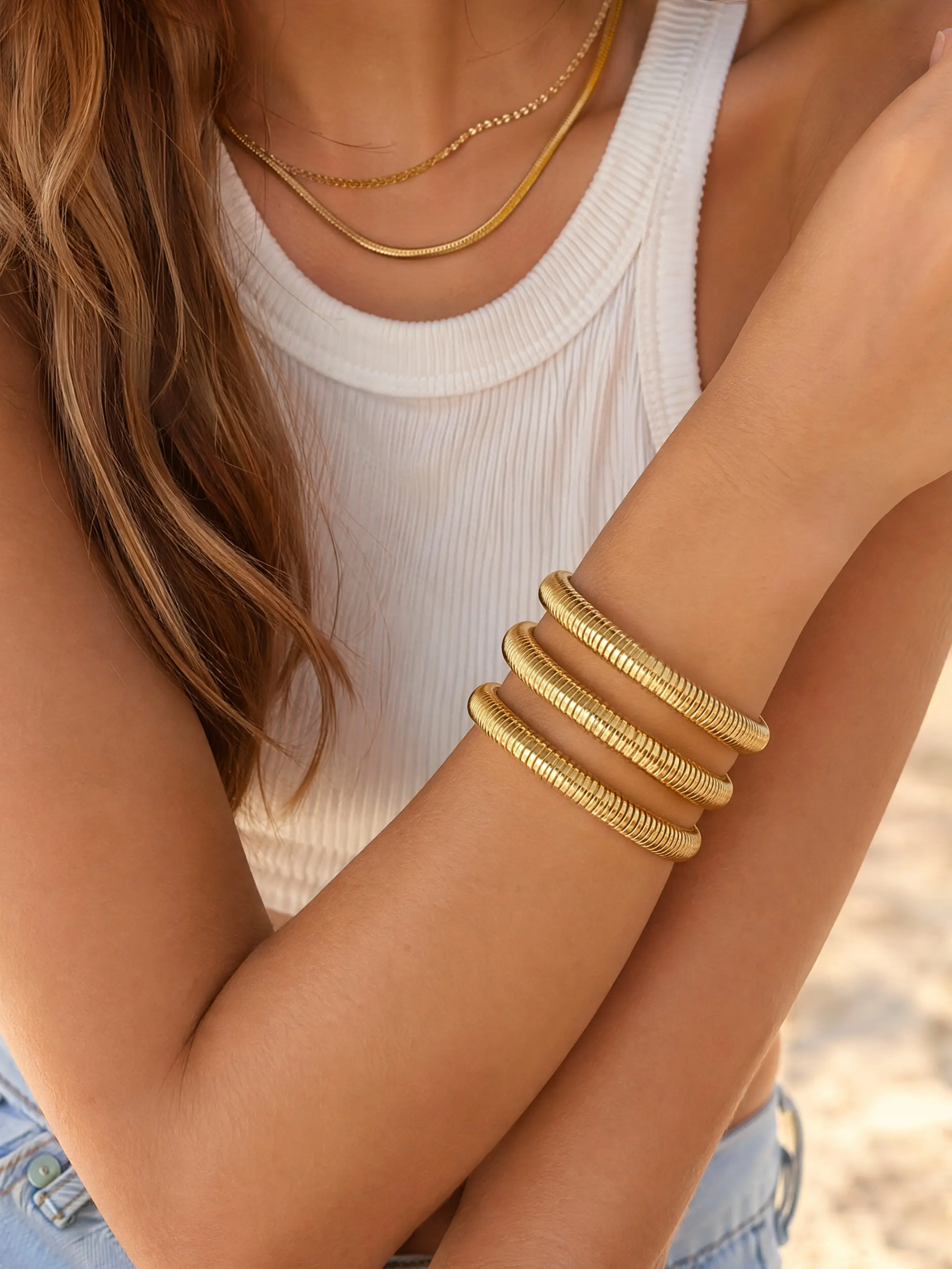 1/2/3pcs Vintage Retro Bracelet, 18k Gold Plated 316L Titanium Steel, Waterproof Allergy-Free, Elastic Snake Chain, Fashion Jewelry Gift