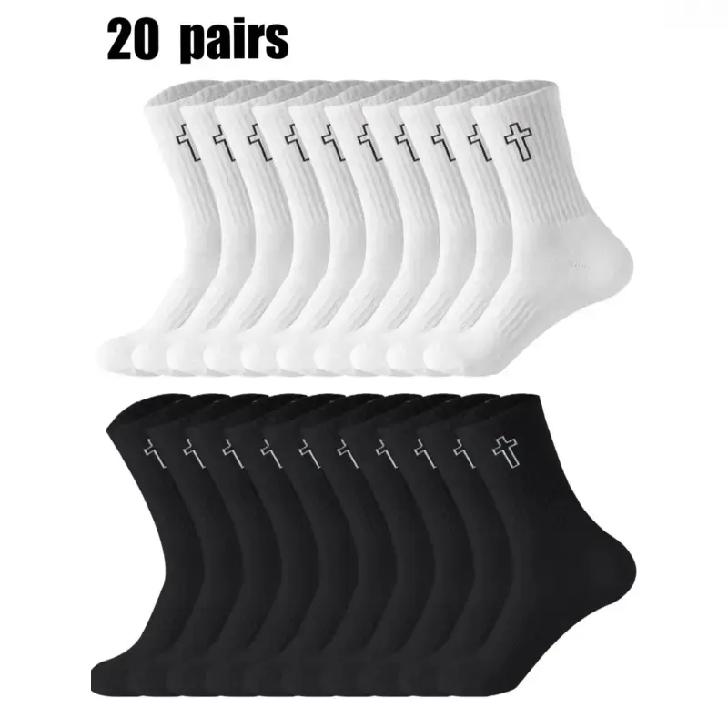 Men's Crew Length Printed Socks - Black and White Cross Print, Bulk Pack, Reinforced Toe & Heel, Soft Breathable Stretchy Fabric, Menswear, All-Seasons Daily Wear for Men, Stretch Knit, Toe Reinforcement