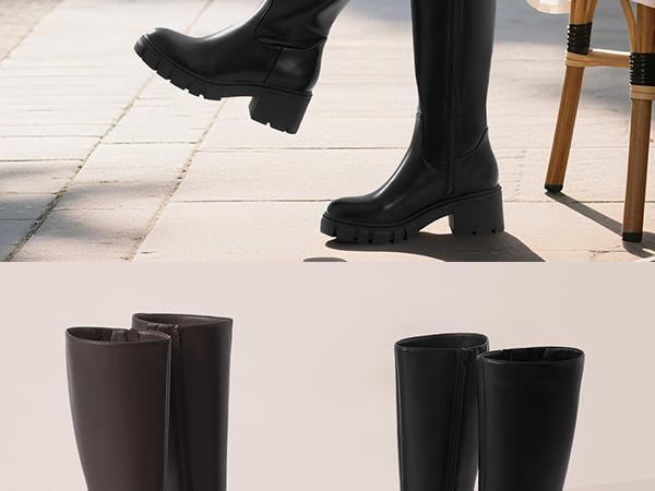 Athlefit Platform Knee High Boots for Women Round Toe Chunky Lug Sole Tall Boots with Side Zipper Black Walking Shoes