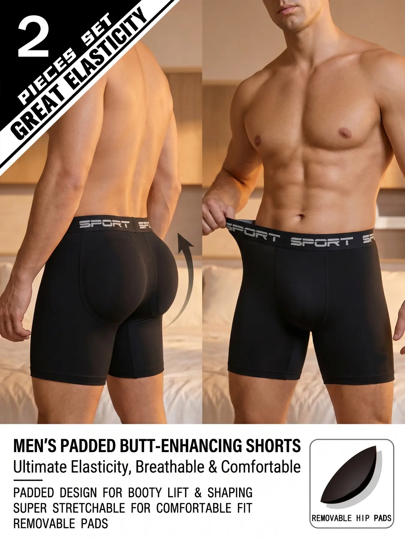 2-Pack Men’s Butt Lift Boxer Briefs with Removable Butt Pads, Soft Breathable Stretch Underwear, Sexy Shaping Trunks, Comfortable Support for Daily Wear, Sports, Travel, Parties & Gift for Men