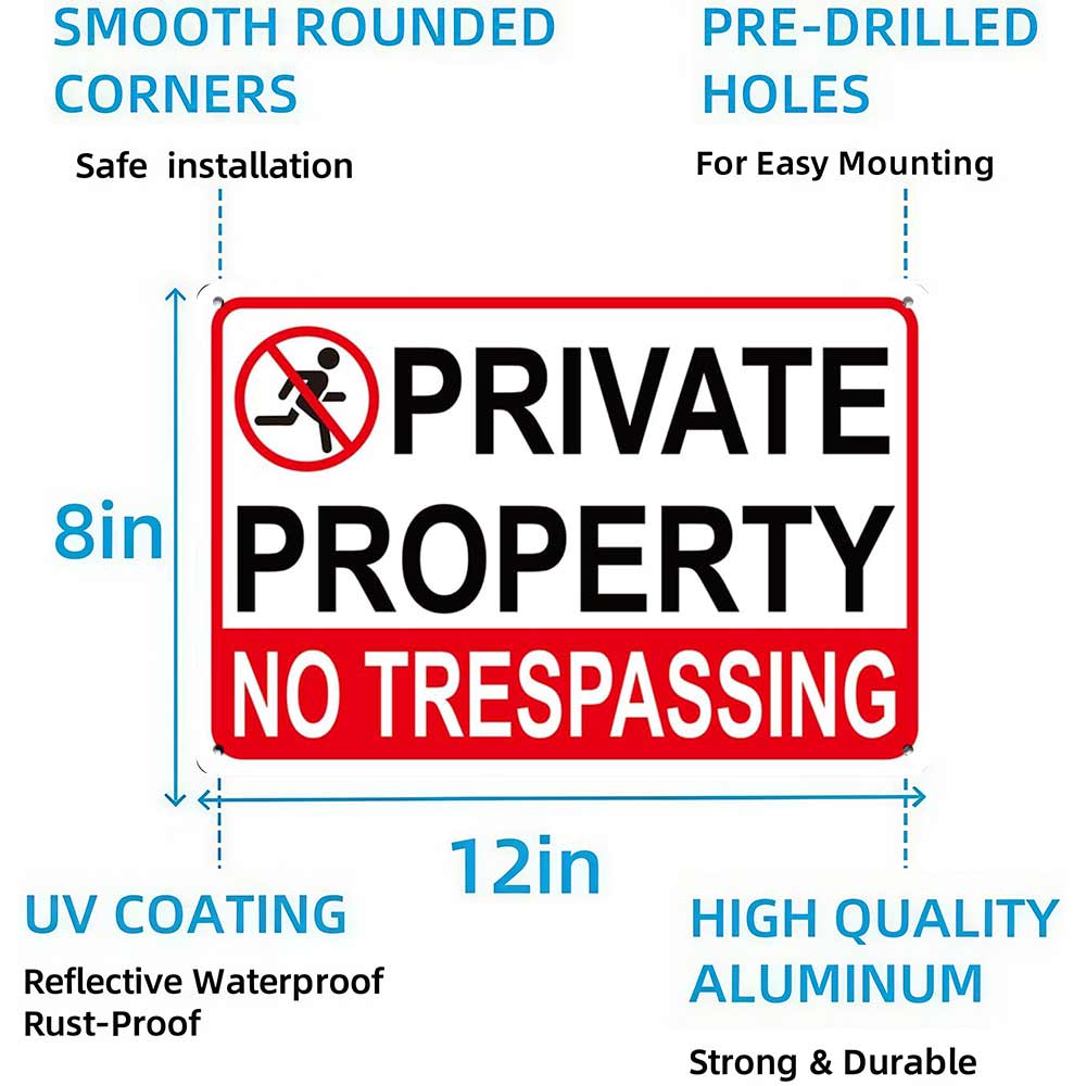 Private Property No Trespassing Metal Sign 12x8 In Aluminum, Vintage Warning Tin Sign for Home, Yard, Fence Decor, Retro Private Property Wall Art for Security, 12x8 Inch Aluminum Plaque
