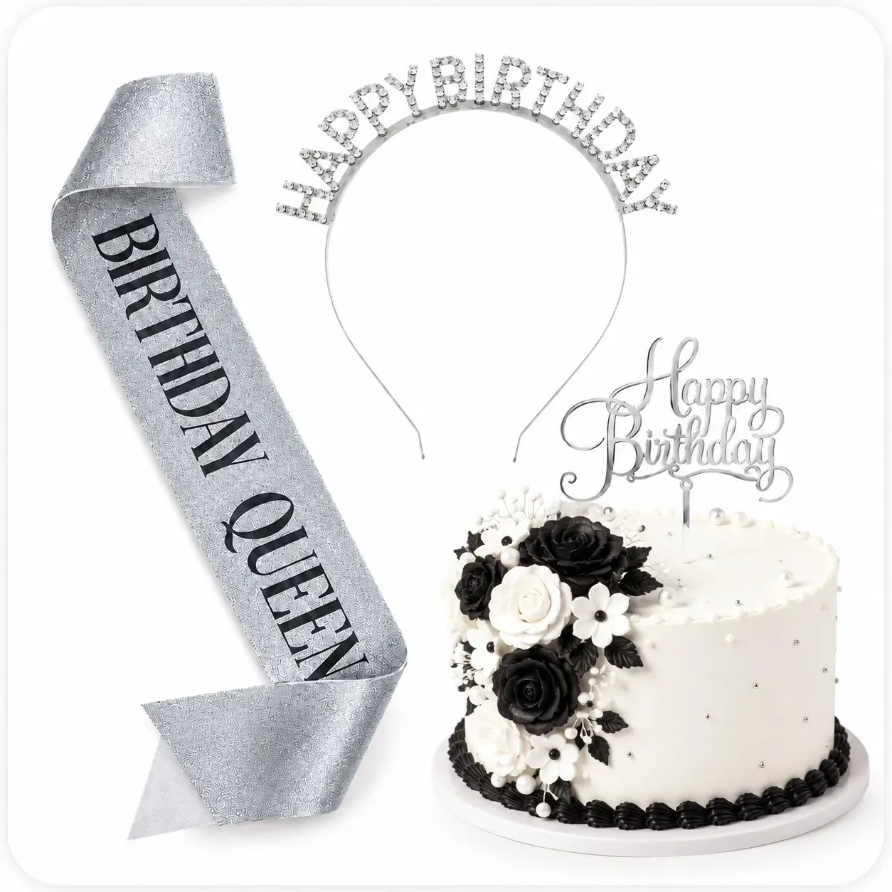 Birthday Queen Party Set, Birthday Sash, Happy Birthday Rhinestone Headband & Cake Topper for Women Girls Birthday Decorations, Party Accessories