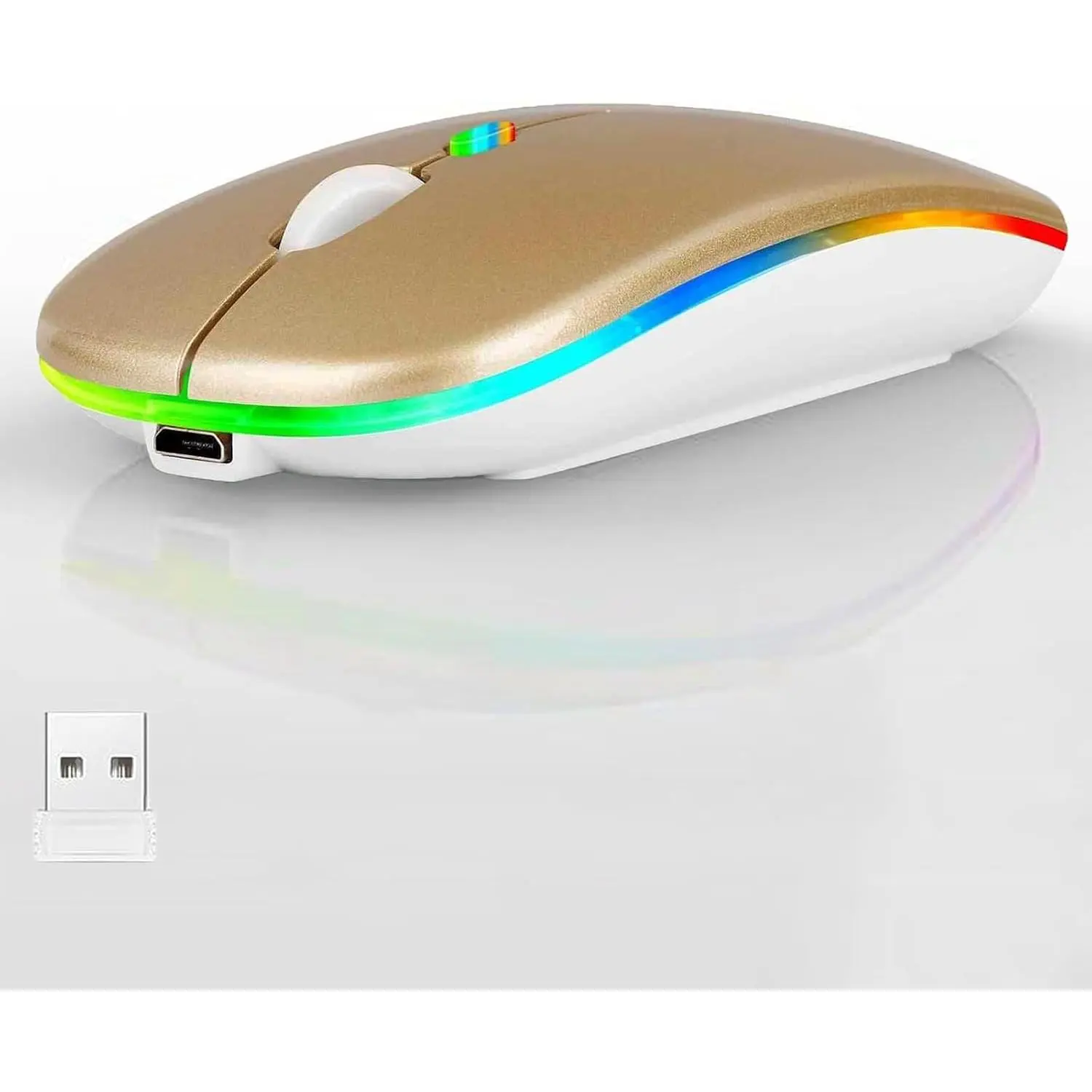 Slim Profile LED Wireless Mouse, 2.4G+BT Connectivity, Rechargeable, Silent Mode, 7-Color Portable Optical Mouse with USB Receiver, Adjustable DPI Levels for Notebook, PC, MacBook