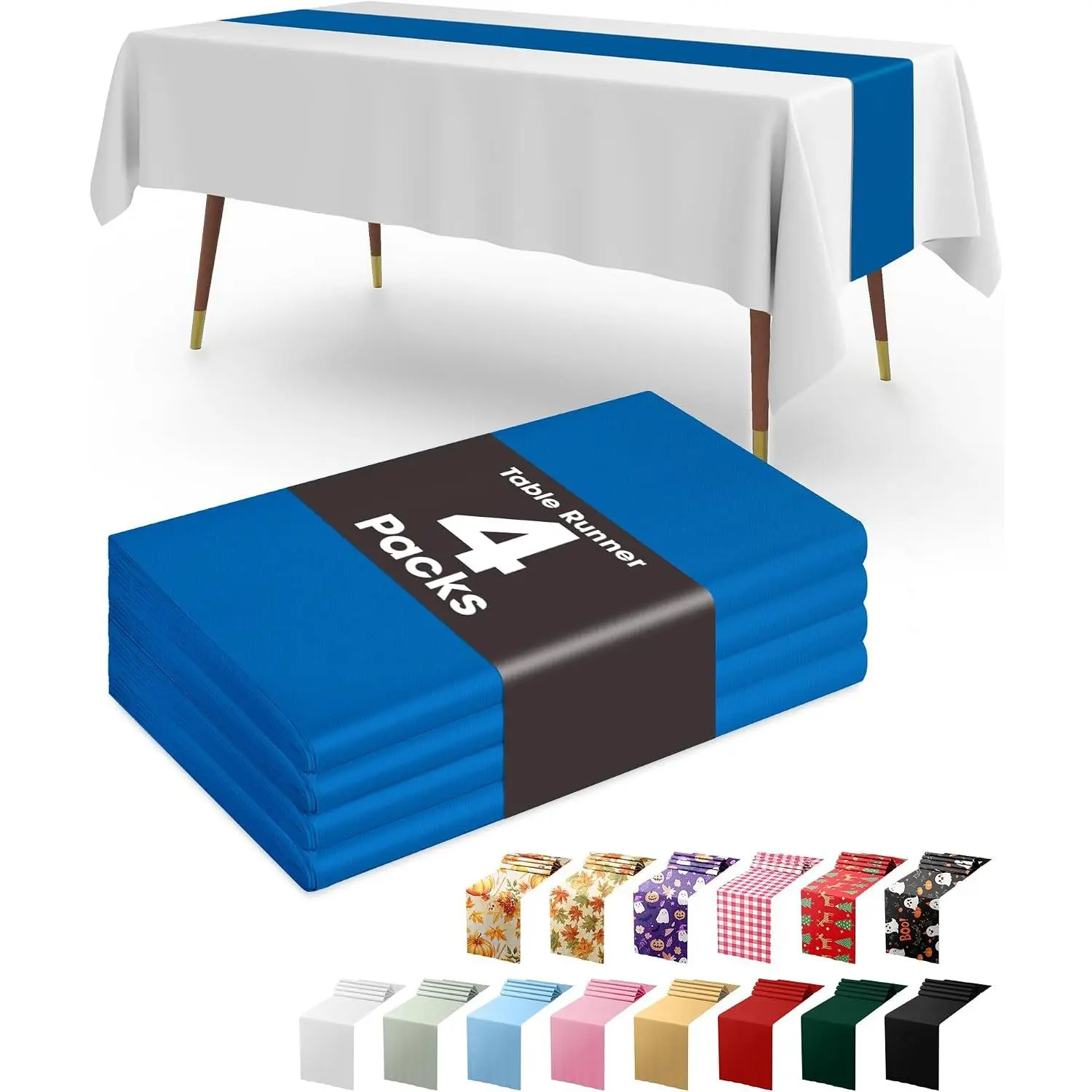 Blue Plastic Table Runners - 4 Pack, 14'' x 108'',  & Disposable Centerpiece Decorations for Table Cloth, Wedding, Birthday, Holiday,  Shower, Party,  Decor