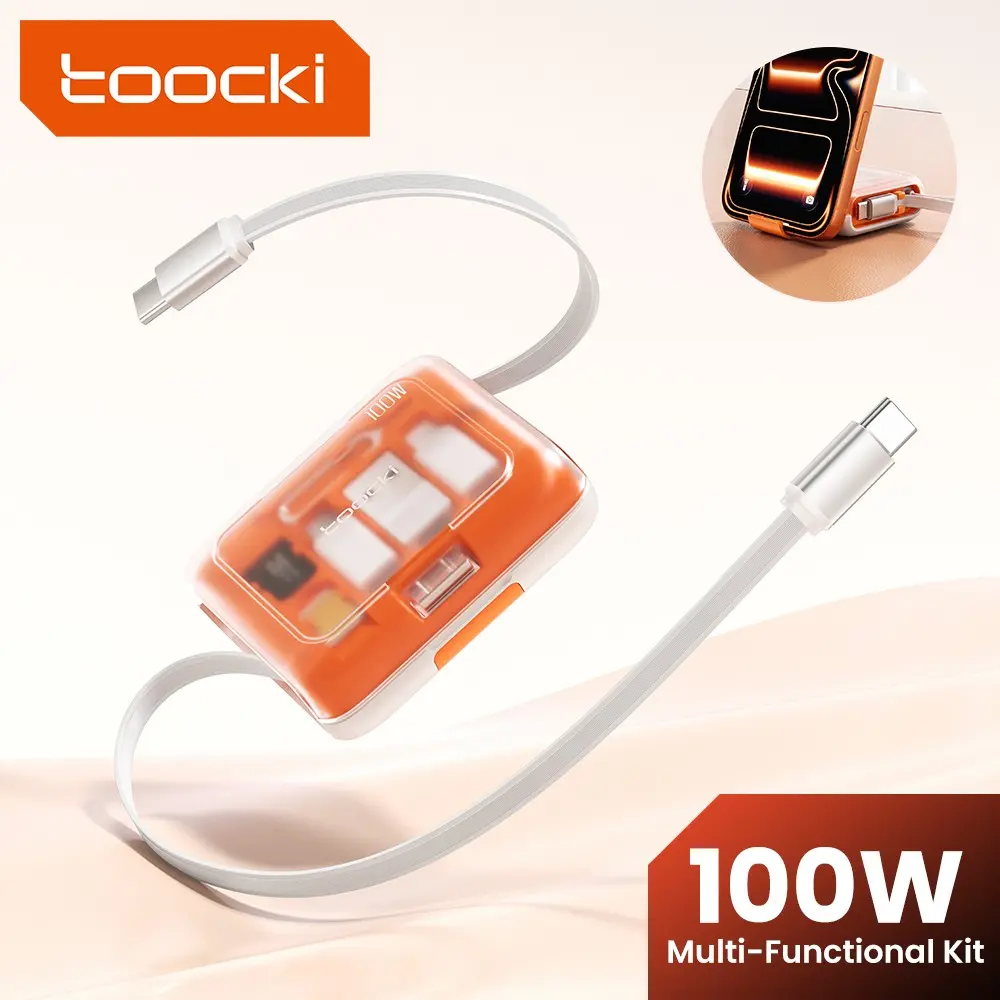 Toocki PD 100W Type C to Type C Super Fast Charging Retractable Cable Multi-Functional Cable Kit USB/Micro/Lightning Converter Adapter SIM Card With Holder Storage Box Integrated Phone Stand For iPhone 17 16 15 Samsung Xiaomi MacBook Laptop