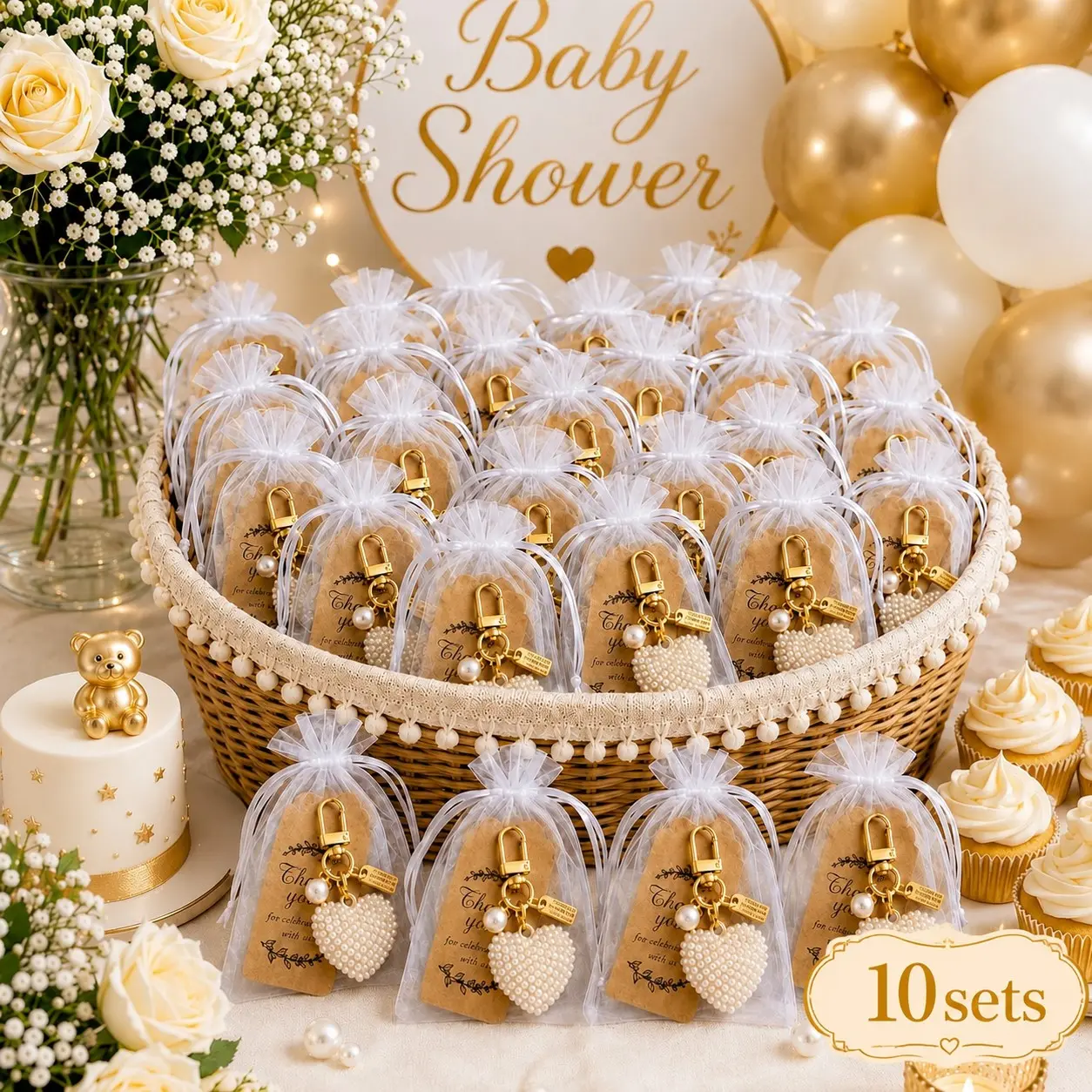 30pcs/10sets Pearl Heart Keychain Set, Aesthetic Keychain, Cute Keychain Accessory, Heart Handle Keychains, Baby Party Guest Gift, Baby Party Supplies, Gender Reveal Party Items, Create Beautiful Memories