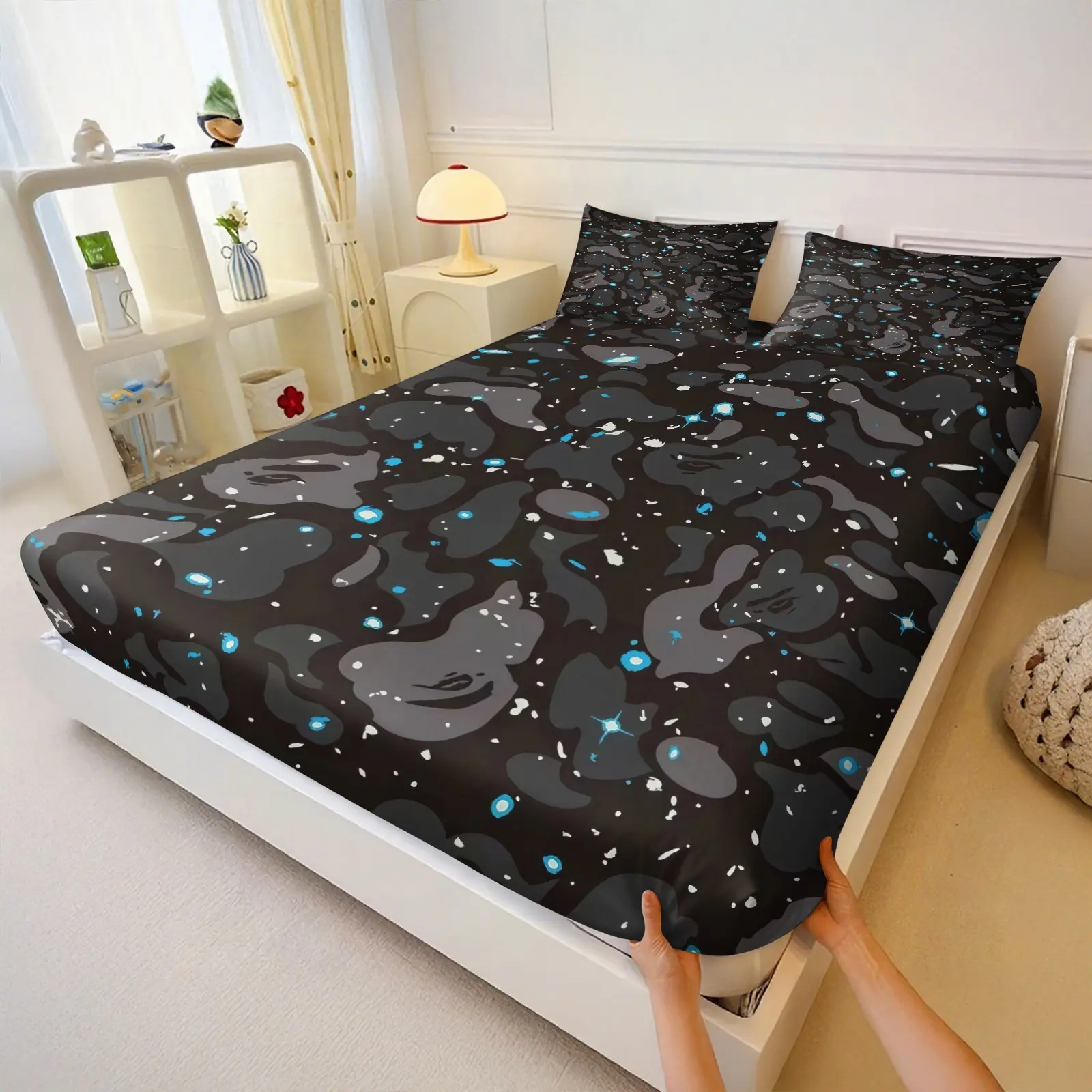 Black Gray Starry Camo Fitted Sheet  Set, Include 1 Bedskirt and 2 Pillowcases, Soft Breathable Machine Washable Wrinkle Resistant Mattress Cover, Blue White Splatter Abstract Print Bedcap, Durable Easy Clean, Non-slip Fixed, Soft and Comfortable