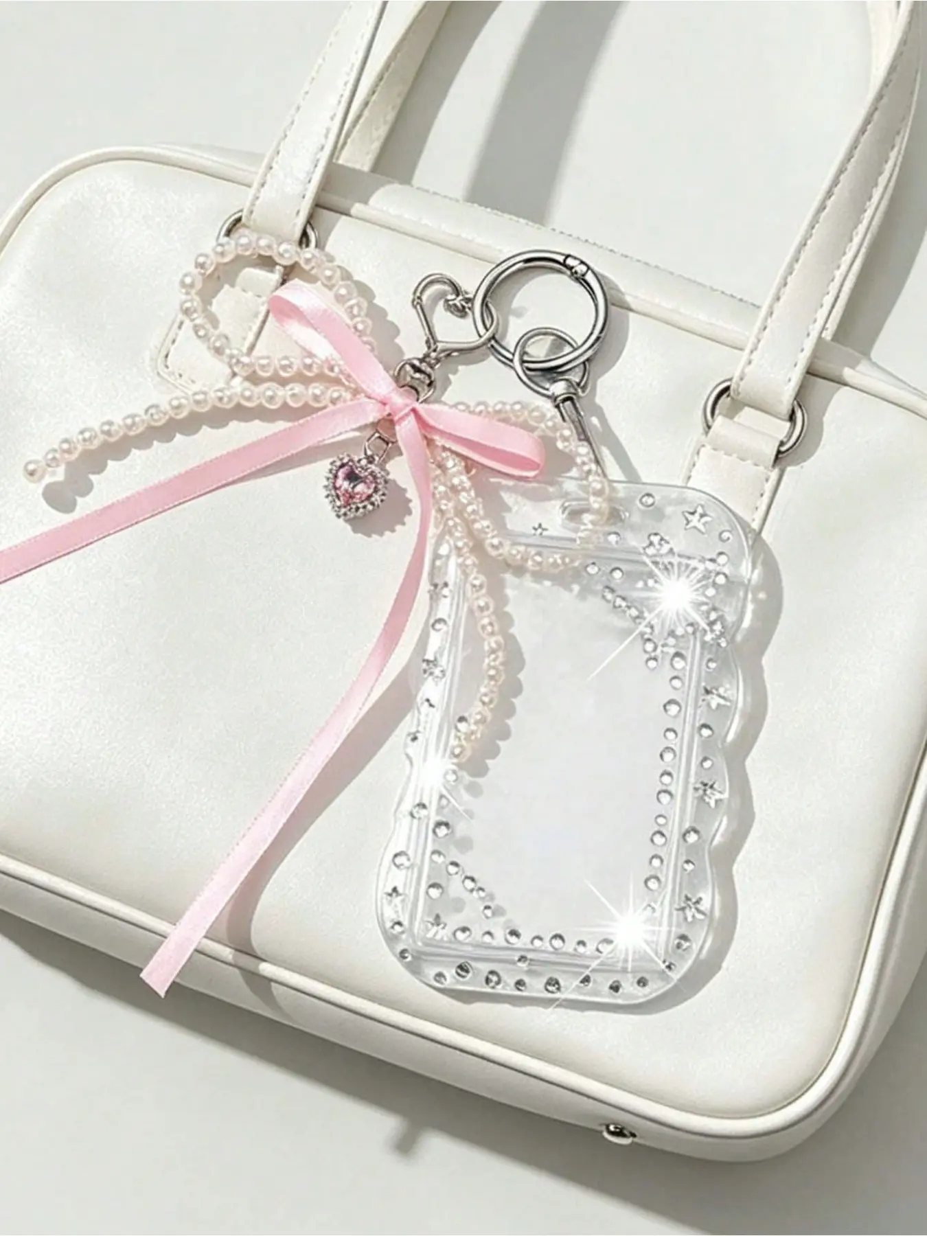 Y2K pendant card holder, comes with DIY stickers, cute and portable card holder with pearl bow pendant, rhinestone-decorated ID card holder, card holder keychain for bag, credit card holder, multifunctional cartoon ID card
