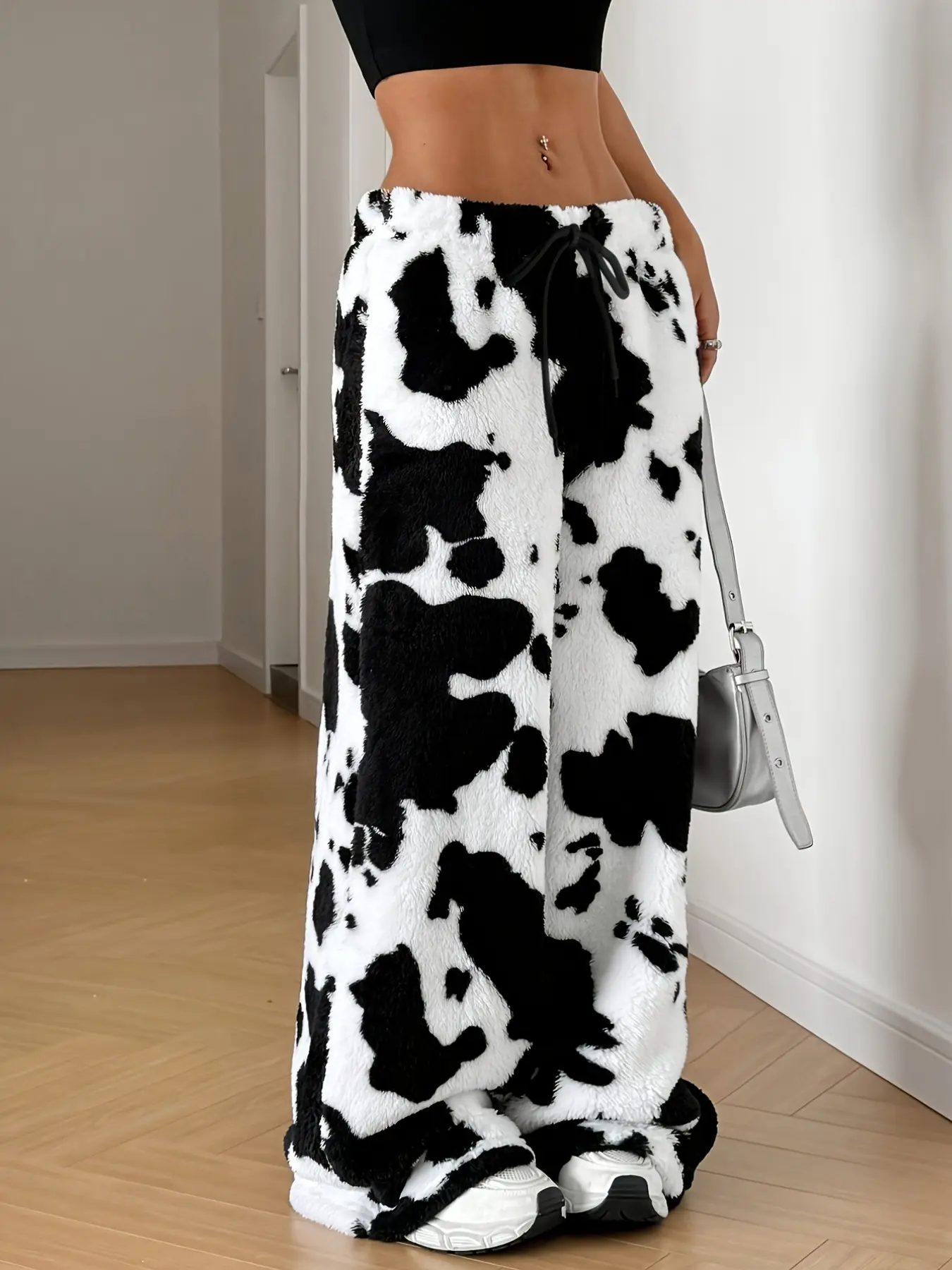 Cow Print Fleece-Lined Thickened Loose Casual Wide Leg Pants, Comfortable Fall & Winter Wear, Stylish Animal Pattern Bottoms