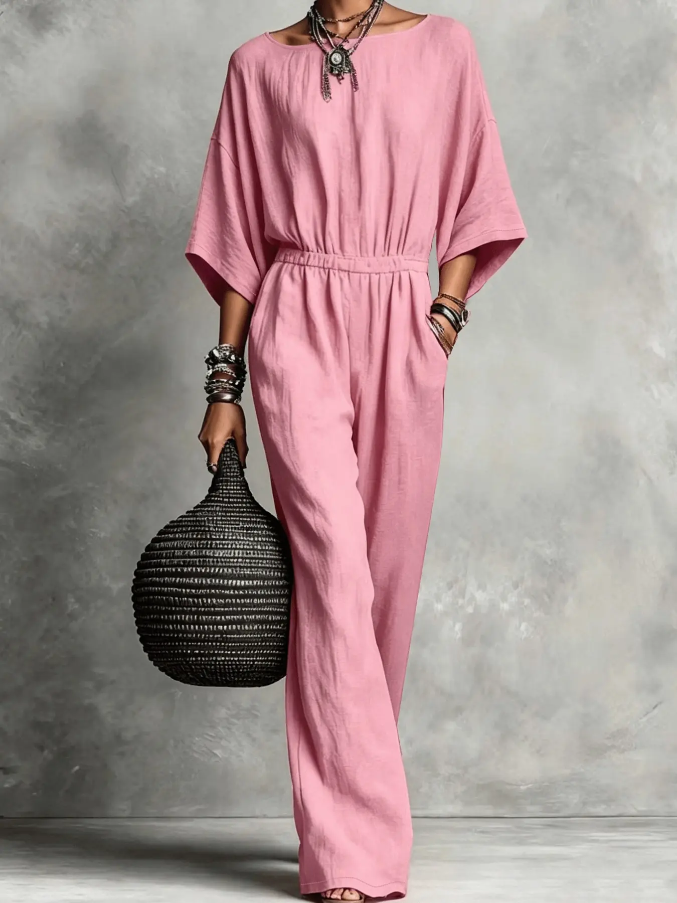 Women's One-Piece Romper, Loose Batwing Sleeve Wide Leg Pants, Casual Relaxed Fit, Trendy for Daily Shopping & Light Travel