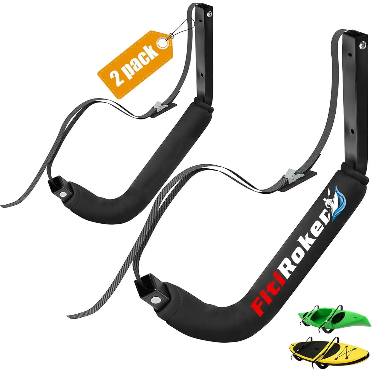 Heavy Duty Kayak Wall Mount Hangers - Adjustable Straps, Protective Foam Padding, 125 LBS Capacity Storage Organization Garage Rack for Kayak, Canoes