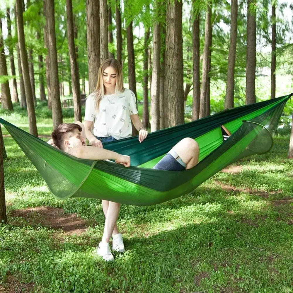 Double Hammock with Mosquito Net, Anti-Tip Parachute Nylon Camping Hammock, Portable Outdoor Mosquito Swing Bed, Backpack Travel Garden Use, Portable Hammocks, Travel Accessory Hammock