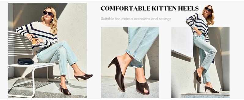 Fashare Womens Kitten Heels Mules Open Peep Toe Slide Sandals Slip On Summer Dress Shoes