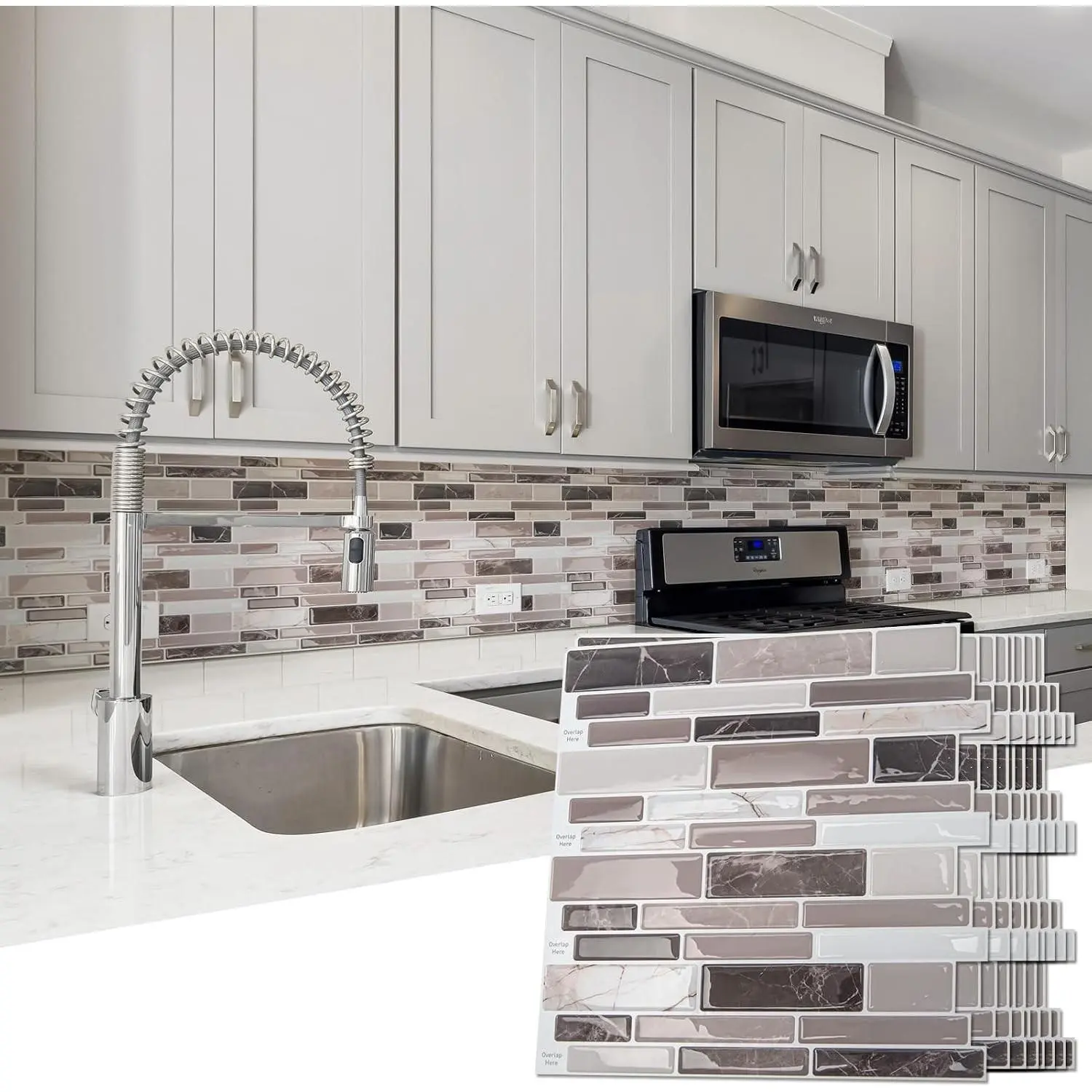 Self-Adhesive Vinyl Peel and Stick Backsplash Wall Tiles, 10-Sheet 12"x12" Removable Brown Marble Tiles for Kitchen, Marbled