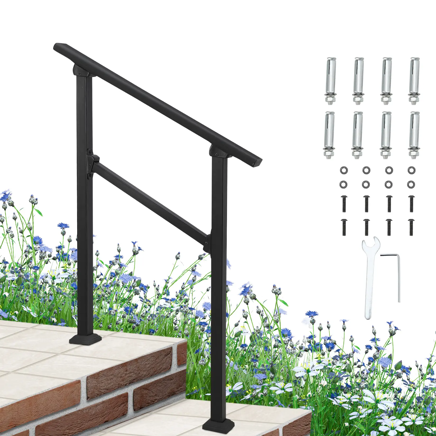 Heavy-Duty Outdoor Handrail for 3 to 6 Steps – Adjustable Metal Stair Railing with DIY Installation Kit, Non-Slip Safety Banister for Deck, Porch, or Concrete Stairs, Indoor & Outdoor Use, Black