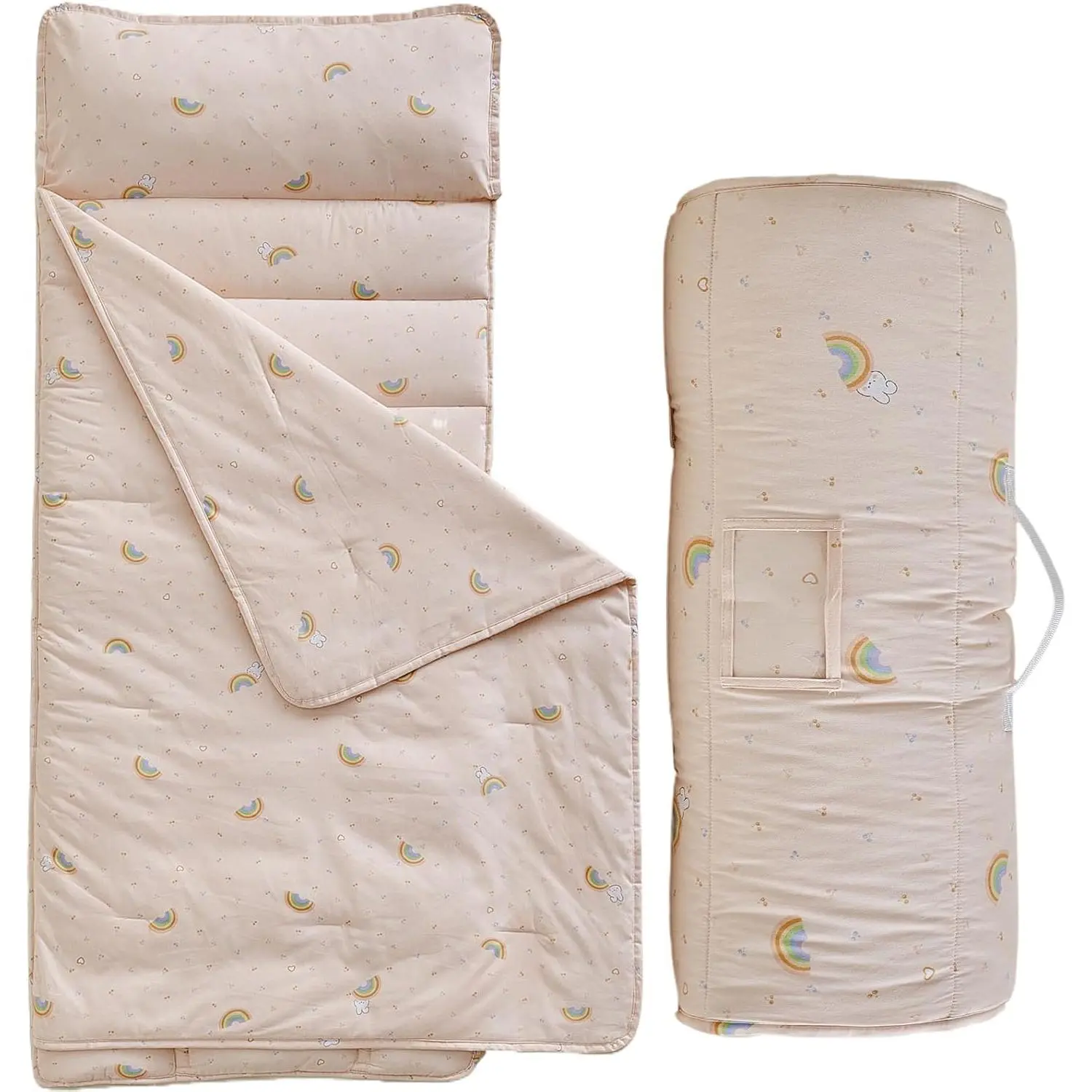 Cotton Toddler Nap Mat with Pillow and Blanket,Extra Large Rolled Napping Mats,Slumber Bags for Boys Girls,Kids Sleeping Mat for Daycare,Preschool Kindergarten-Pink Rainbow
