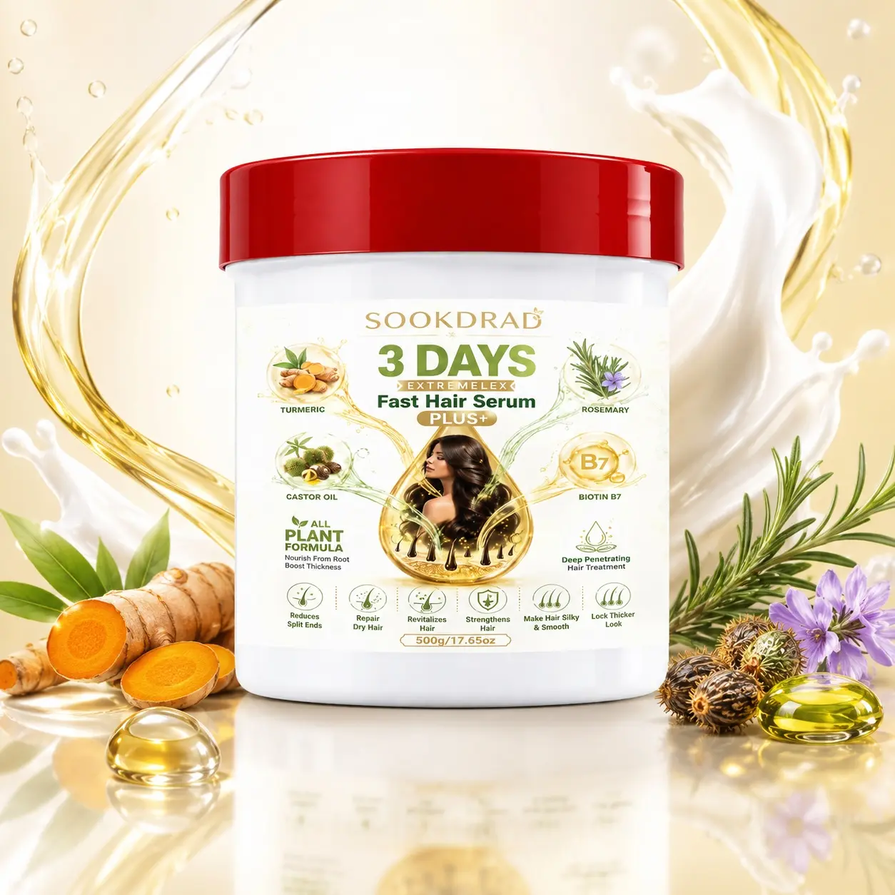 Fast Hair Serum, Turmeric, Rosemary, Castor Oil, Biotin B7, All Plant Formula, Nourish From Roots, Reduce Split Ends, Repair Dry Hair, Revitalize Hair, Strengthen Hair, Make Hair Silky & Smooth, Boost