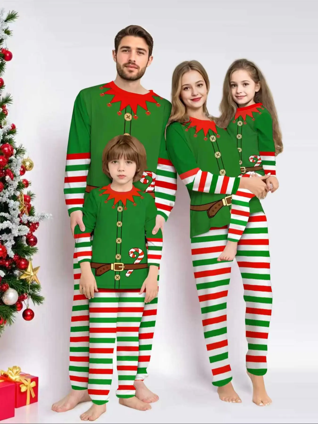 2-Piece Christmas Family Pajama Set, Cartoon Belted Top, Striped Sleepwear for Men Women Kids, Casual All Seasons