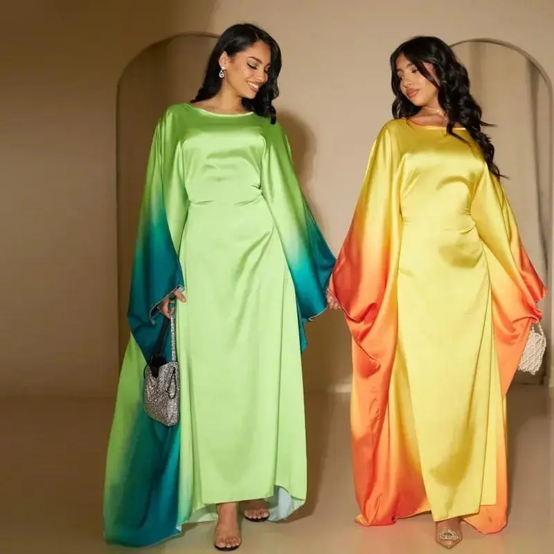 Butterfly Abaya Inside Belt Muslim Party Long Dress Gradient Satin Abayas for Women Dubai Turkey Islamic Clothes Eid Kaftan Robe Caftan