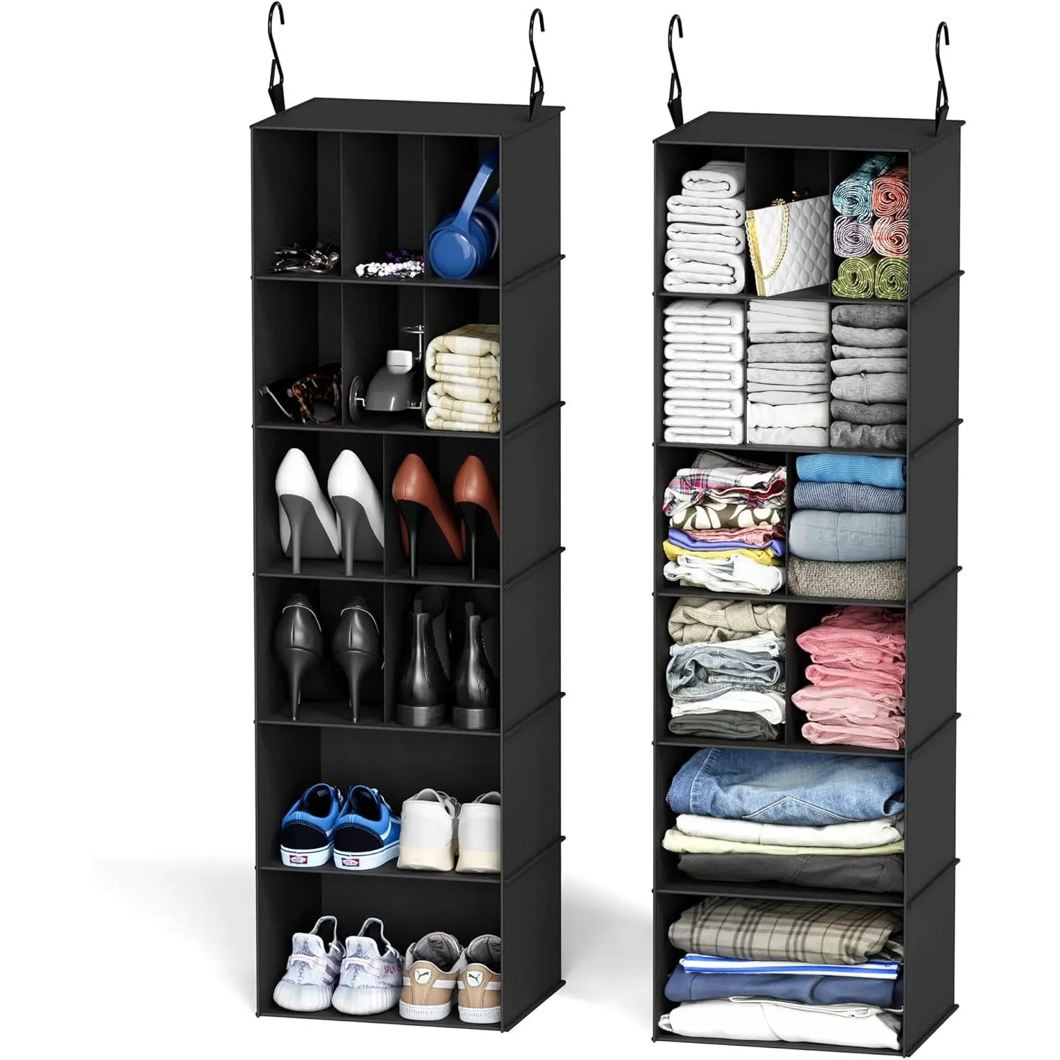 2 Pack Hanging Closet Organizer and Storage with Dividers, 24 Compartments Hanging Shoe Shelves for Closet, Wardrobe, RV, Garment Rack - Black