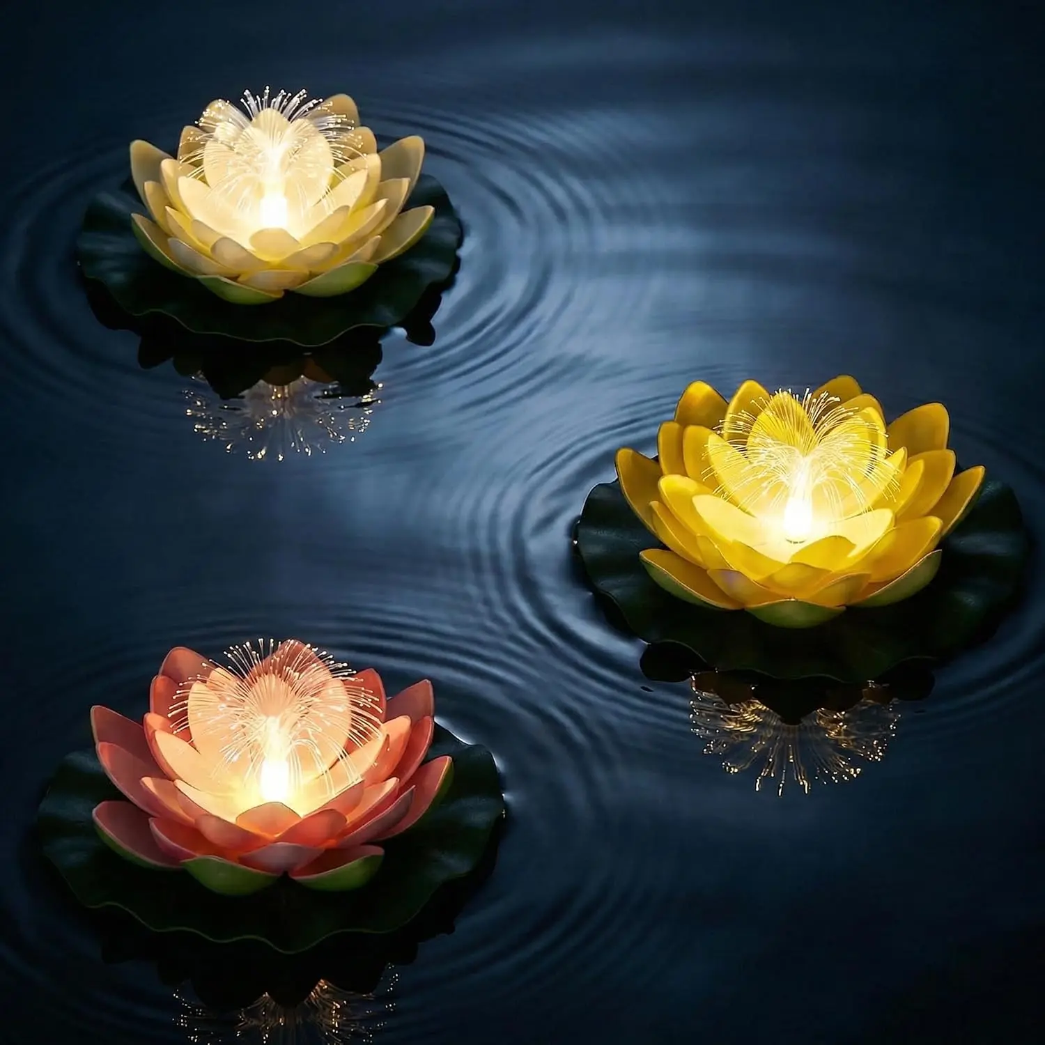 3Pcs Synthetic Solar Powered Floating Lotus Fiber Optic Lights - Auto On/Off Outdoors Decor for Swimming Pool, Patio (Multicolor)