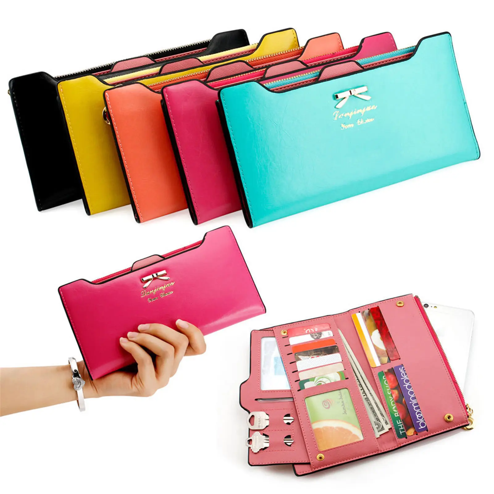 Women Long Faux Leather Wallet Lovely Bow Accent Multi Card Slots WIth Clear ID Window Zipper Pocket WIth Removable Card Holder Large Capacity for Ladies Daily Travel Storage Clutch Purse