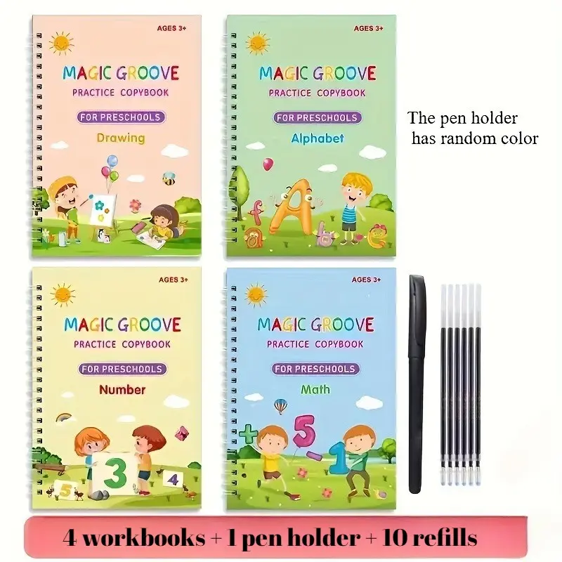 4 Writing Practice Books + Pen Holder + 10 Pens, Reusable Handwriting Workbook, Calligraphy Template, Educational Teaching Aids