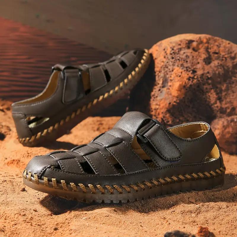 (New)Men's Casual Leather Sandals  Breathable Outdoor Slippers, Adjustable Closed Toe Summer Leather Loafters