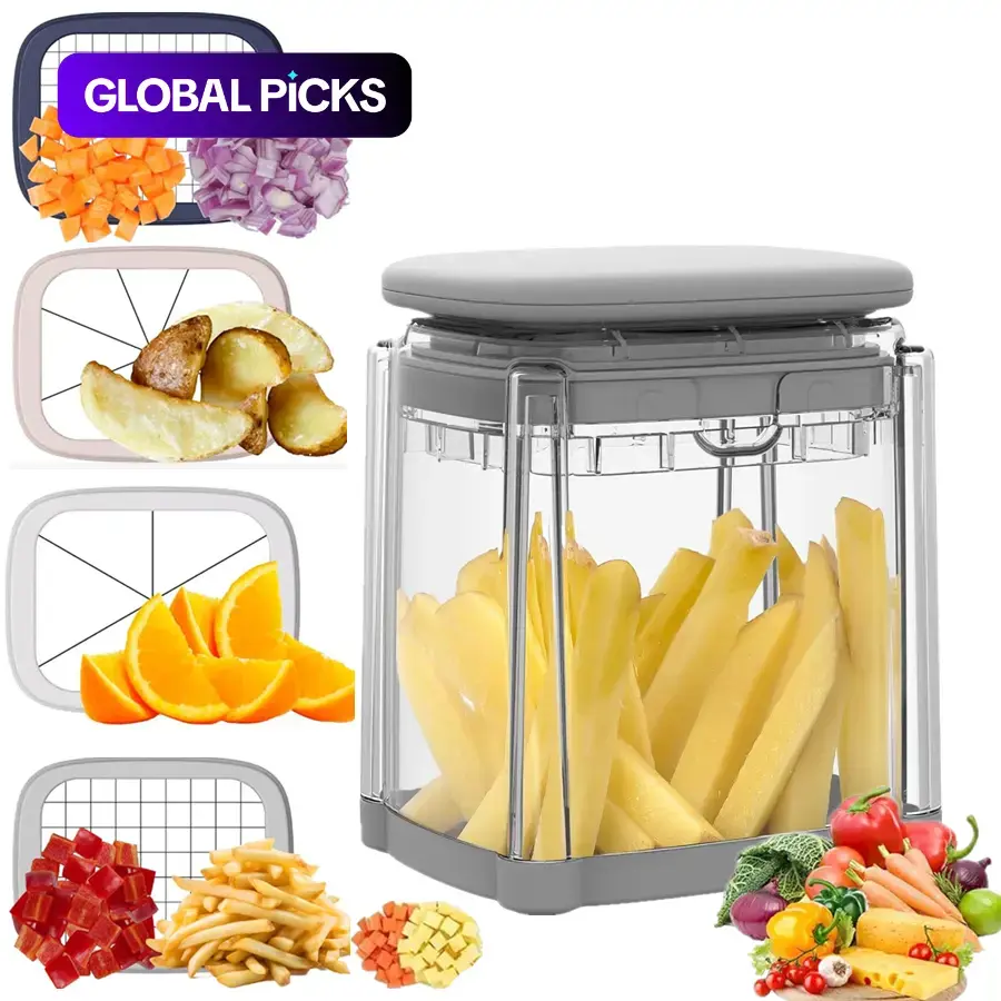 1 Count French Fry Cutter, 4 in 1 Vegetable Chopper Veggie Cutter, Vegetable Slicer Dicer, 4 Interchangeable Blades, Crystal-Clear Container with Non-Slip Base, Kitchen Tool, Makes French Fries and Chops Vegetables