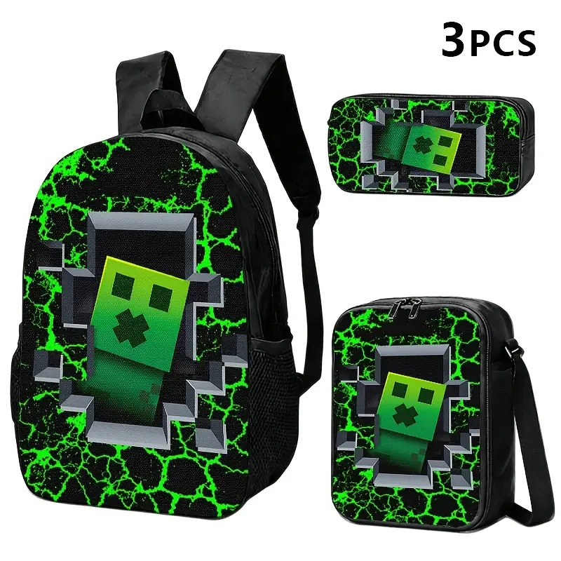 Durable Water Resistant 3-Piece Kids Backpack Set, School Backpack + Lunch Bag + Pencil Case, Minecraft Creeper Break Wall Neon Green Crack Lava Texture Black Background Print, 600D Oxford, Breathable Straps