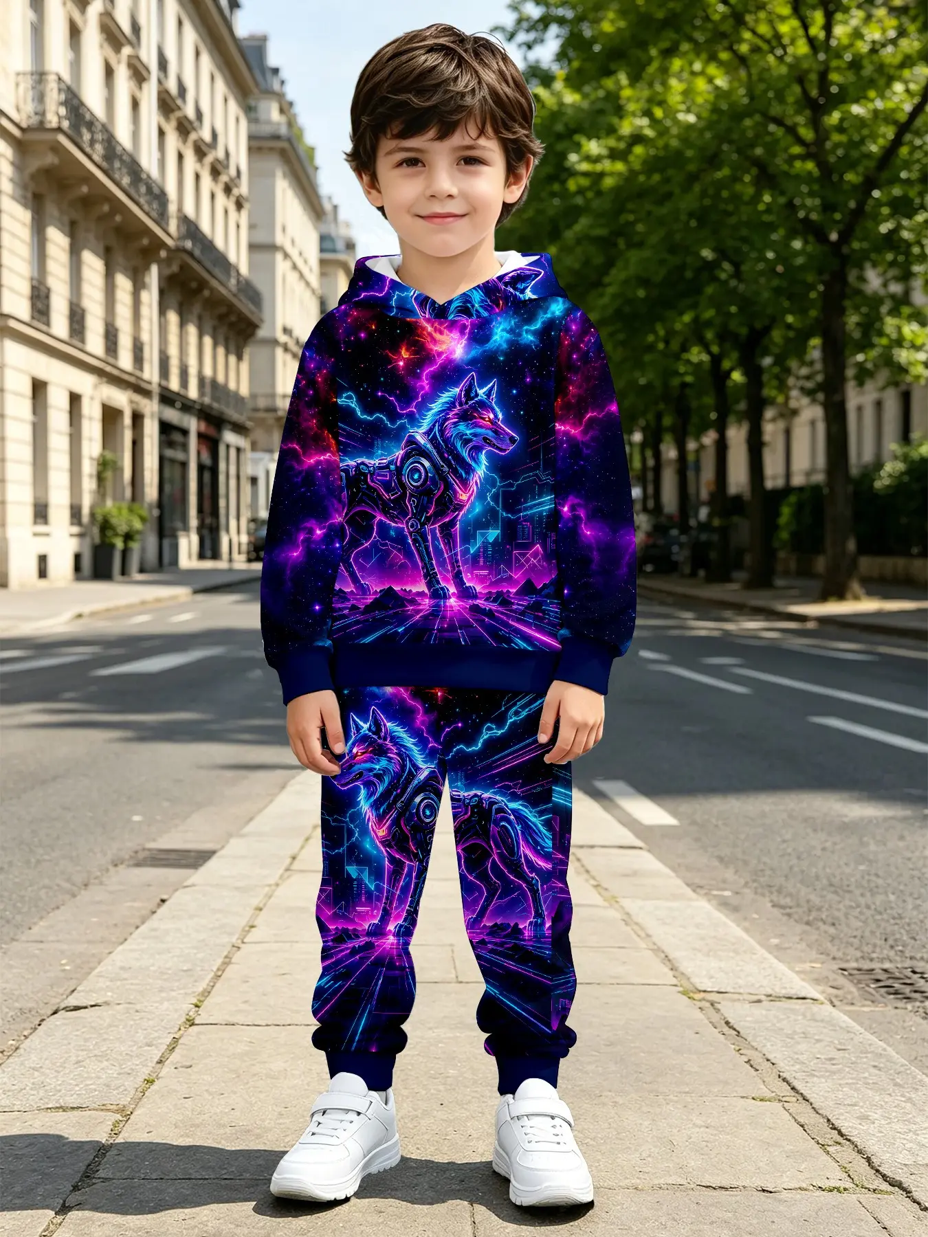 Unisex Cyberpunk Wolf Neon Starry Sky Full Print Hoodie Sweatpants Set, Two-Piece, Casual Loose Fit, Fall & Winter Wear
